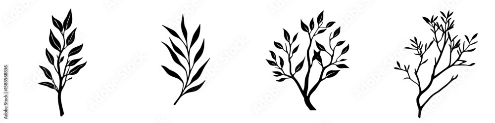 Aufkleber black icon collection of various leafy branches designed for artistic applications and digital proje