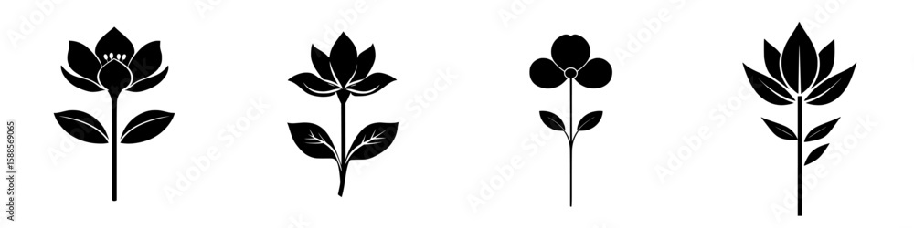 Poster black floral icons representing various flower designs with distinct shapes and structures arranged 