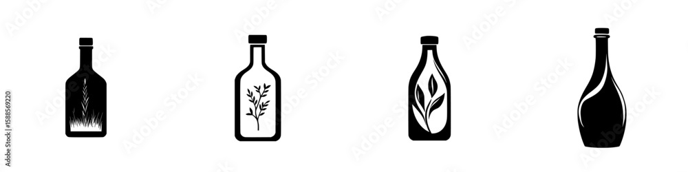 Poster collection of black icons showcasing various bottle designs with different botanical elements in the