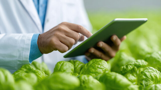 Scientist using technology to monitor growing plant in greenhouse environment for agricultural research and innovation