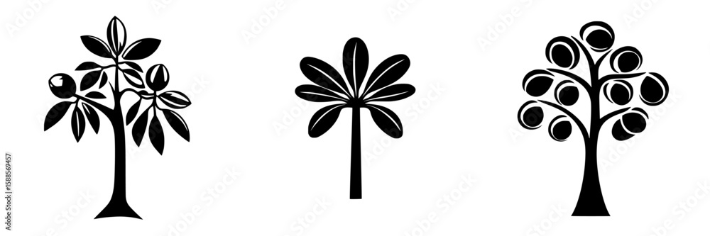 Poster set of black tree icons featuring various styles and leaf designs for use in digital and print proje