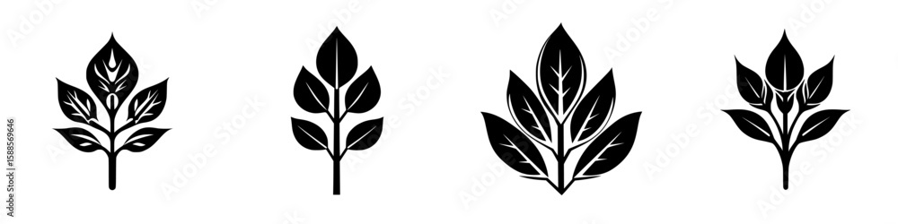 Poster various black leaf icons showcasing different shapes and designs for graphic use in digital projects