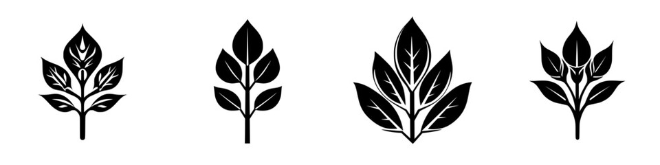 Various black leaf icons showcasing different shapes and designs for graphic use in digital projects or presentations
