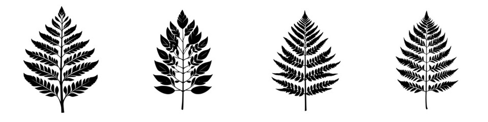 Elegant black fern icons showcasing various leaf designs in a minimalist style suitable for graphic design projects