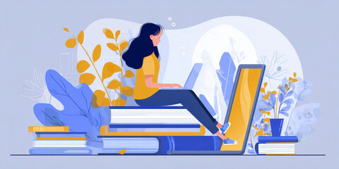 Colorful conceptual illustration of online learning – remote education, e-learning and digital knowledge