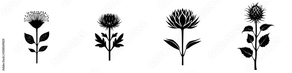 Poster black icon designs of various flowers displaying intricate details and unique shapes for artistic an