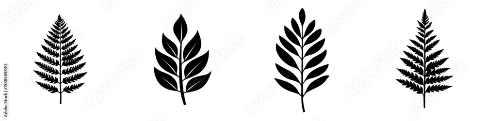 Poster black outline icons of various leaf shapes showcasing natural forms and botanical design elements fo
