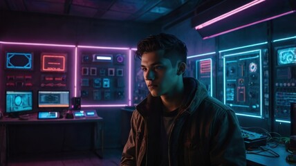 Man in hoodie in a neon lit room with computers and screens displaying complex data interfaces