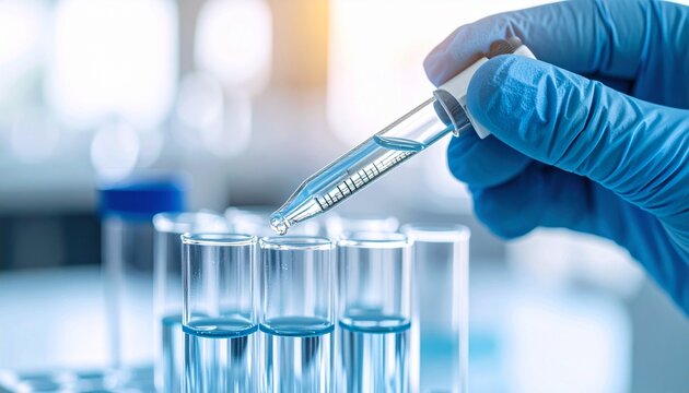 Gloved hand using pipette over test tubes with blue liquid