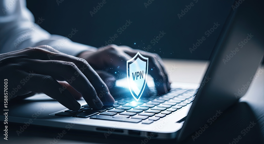 Aufkleber secure vpn connection: man typing on laptop with vpn shield overlay for online privacy and data prot