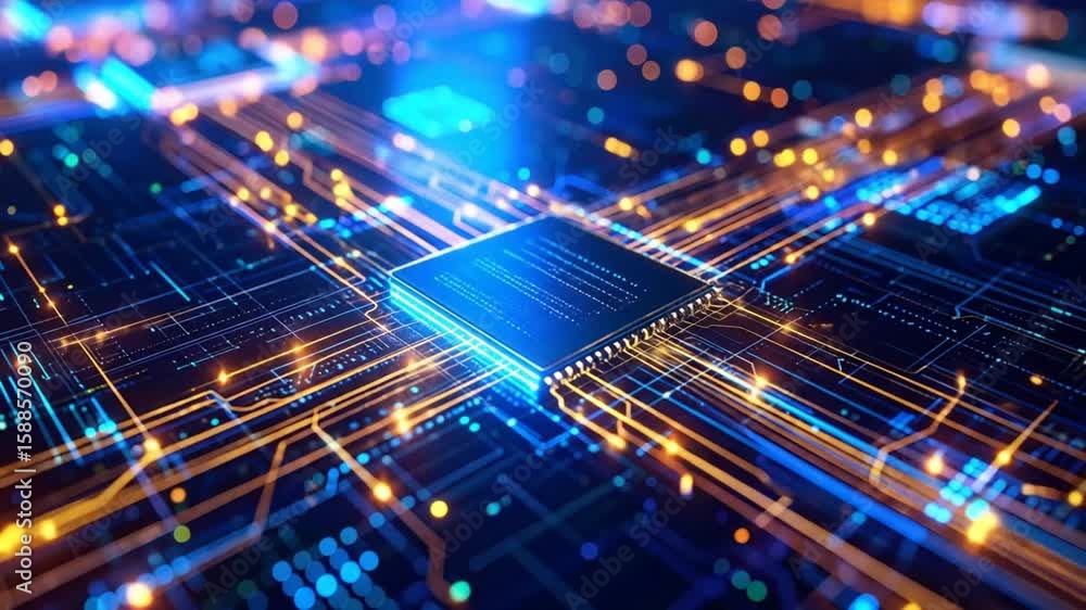Poster futuristic circuit board animation with glowing data paths for advanced technology