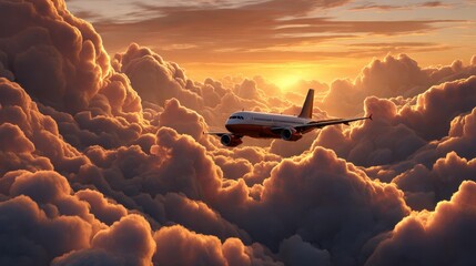 Commercial airplane soaring through dramatic sunset clouds bathed in warm golden light creating a breathtaking aerial view