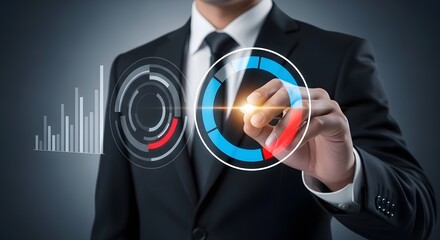 Businessman interacting with futuristic digital analytics interface and charts.