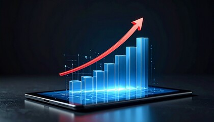 Glowing digital bar graph on tablet screen with upward red arrow — business growth visualization