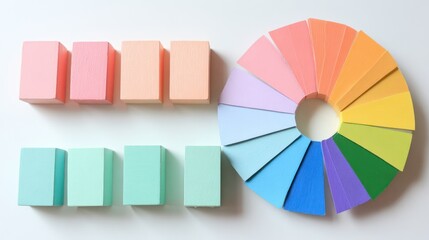 Obraz premium Color-wheel and block arrangement displays pastel hues on a white background