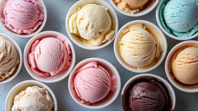 Multiple scoops of colorful ice cream in white bowls emerge and vanish on a textured blue surface. Dynamic stop-motion concept. Playful and appetizing.