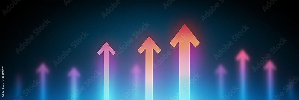 Poster futuristic growth visualization with bright upward arrows on a dynamic and engaging background