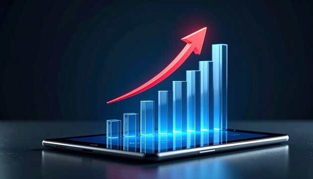 Glowing digital bar graph on tablet screen with upward red arrow — business growth visualization
