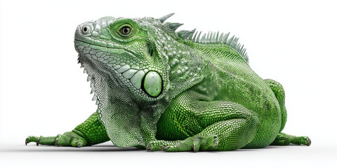 Fototapeta premium Green iguana reptile with textured scales and spines resting on white background