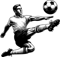 Detailed black and white vintage engraving-style illustration of a soccer player kicking the ball mid-air. Ideal for retro themed sports posters, editorial prints, educational books