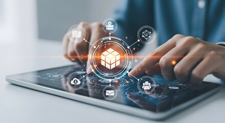 Person using tablet with futuristic digital interface and glowing network icons.