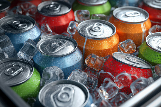 Ice-cold beverage cans inside a cooler surrounded by ice, summer refreshment preparation.