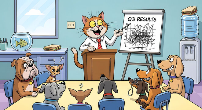 Cats and Dogs: A humorous illustration of cats presenting to dogs in a business meeting setting, with the presentation chart filled with incomprehensible scribbles, showcasing lighthearted critique.
