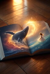 Sunset Ocean Whale Girl Book Magic Fantasy Imagination Dream Scene