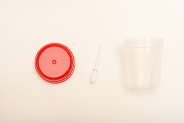 Jars for urine and fecal tests. Containers for medical tests.