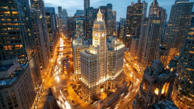 Chicago Cityscape Night View Iconic Clock Tower 4k video footage, loop, animation