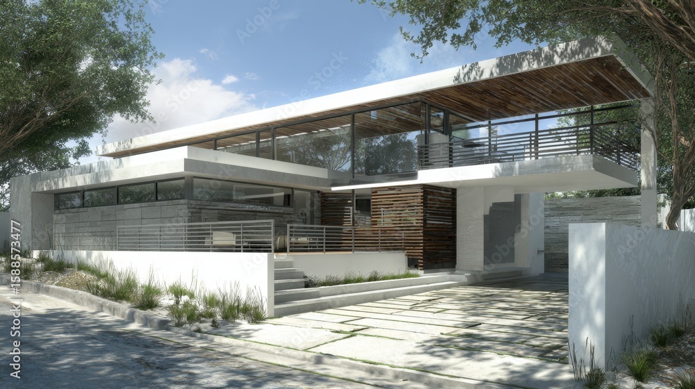 Poster clean architectural rendering of residential home design in bright modern setting