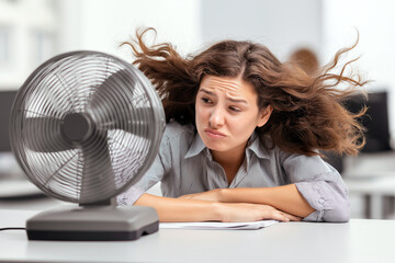 Woman leaning over an office fan with hair blowing back, comic expression of heat struggle.