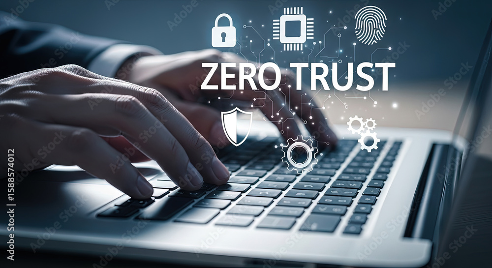 Poster zero trust security concept: man typing on laptop with security icons overlay. modern cybersecurity 