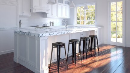 Clean kitchen island with bar stools and sunlight highlighting polished surfaces