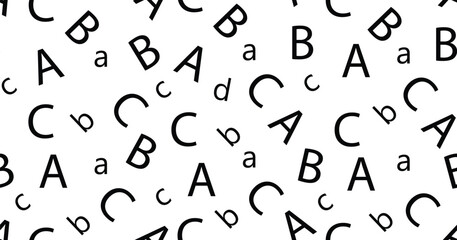 Seamless black and white alphabet letter pattern featuring uppercase and lowercase A, B, C, D. Perfect for educational backgrounds, school prints, kids design, and typography projects.