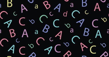 Colorful ABC letter seamless pattern on black background with uppercase and lowercase characters. Ideal for playful kids projects, school-themed designs, and fun educational materials.