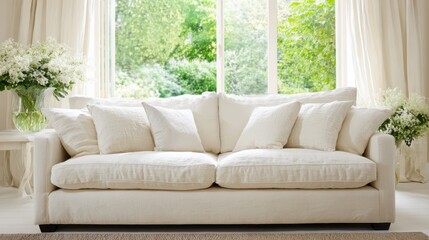 Clean neutral-toned sofa in minimalist living space with bright natural sunlight