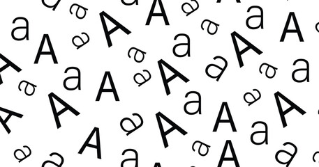Seamless black and white alphabet letter pattern featuring uppercase and lowercase A, B, C, D. Perfect for educational backgrounds, school prints, kids design, and typography projects.