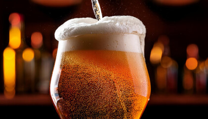 ビールをグラスに注いでいる最中で泡が溢れそうなシーン