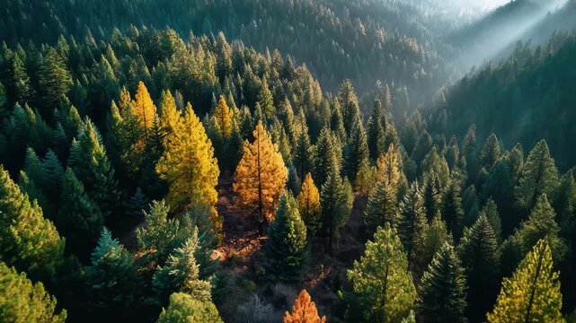Autumnal forest aerial view golden trees sunlit canopy 4k video footage, loop, animation