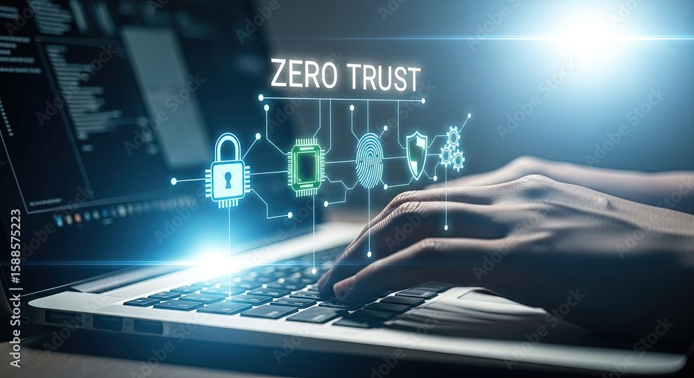 Poster zero trust security concept with laptop: cybersecurity strategy for data protection, network access,
