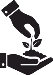 Vector Illustration of Two Hands Nurturing a Small Plant with Soil in Minimalist Black and White Style