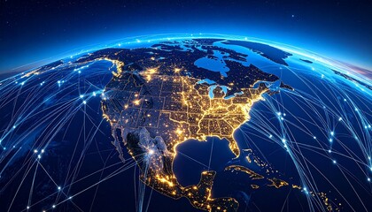 Nighttime satellite view of North America with illuminated cities and digital network overlays