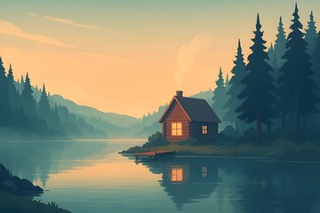 Fototapeta premium Cabin by the Lake at Dawn – Peaceful Morning Landscape