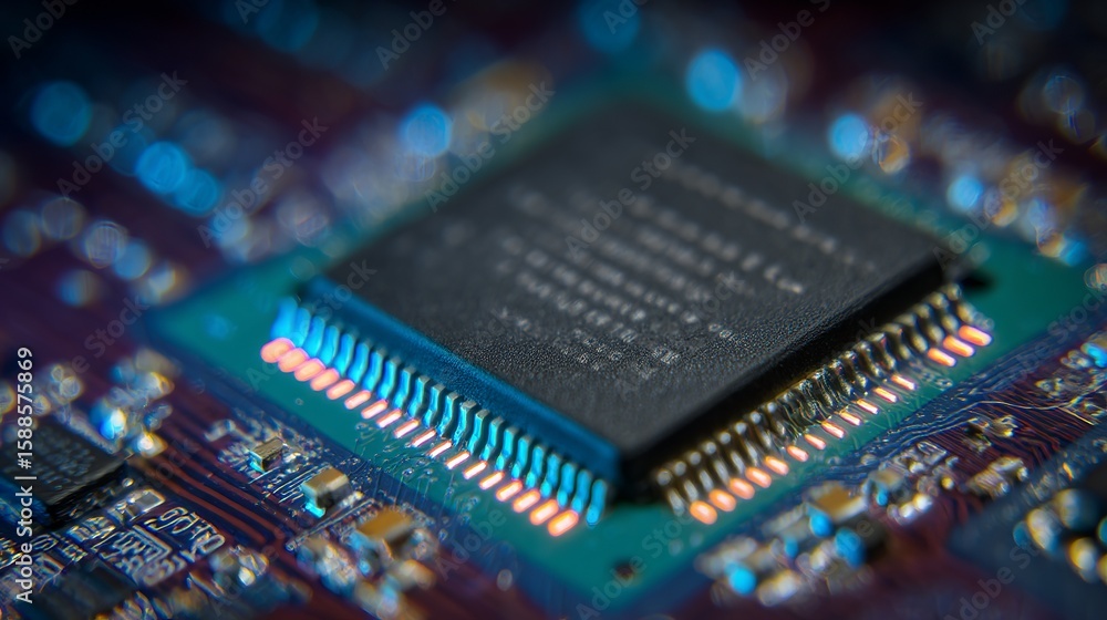 Poster intricate macro shot showcasing the complex architecture of a modern computer processor with vibrant