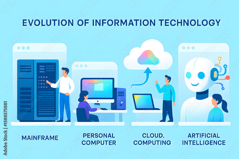 Poster evolution of information technology: a visual journey through the phases of technological advancemen