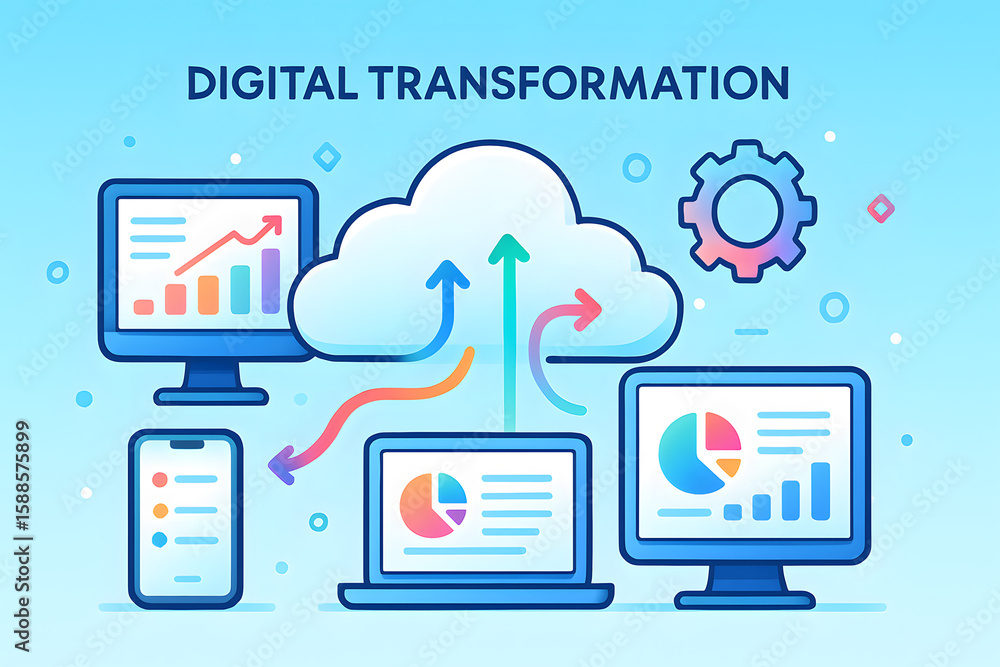 Poster digital transformation: a digital transformation illustration. it symbolizes the cloud data transfor