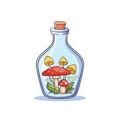 A glass bottle with poisonous mushrooms, toxic ingredients for a witch's potion, magical elements