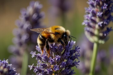 A bumblebee sits on a flower in a lavender field