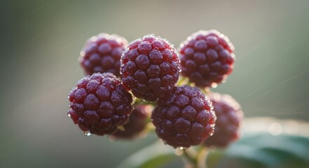 A cluster of ripe, red raspberries glistening with water droplets, illuminated by soft, natural light against a blurred green background.